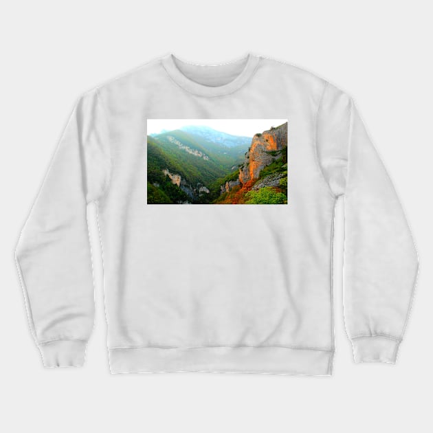 View at a mountain in the Eremo di Soffiano canyon, with Sibillini and foliage Crewneck Sweatshirt by KristinaDrozd